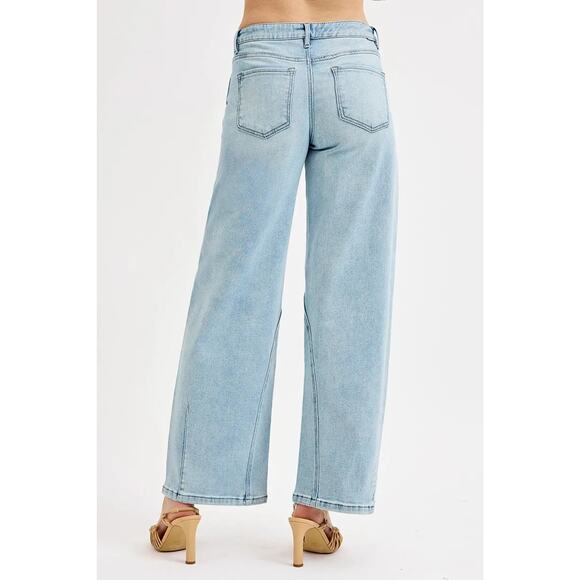 RISEN Mid Rise Waist Zipper Fly Stretch Light Blue Wash Barrel Leg Denim Jeans - Picture 2 of 7